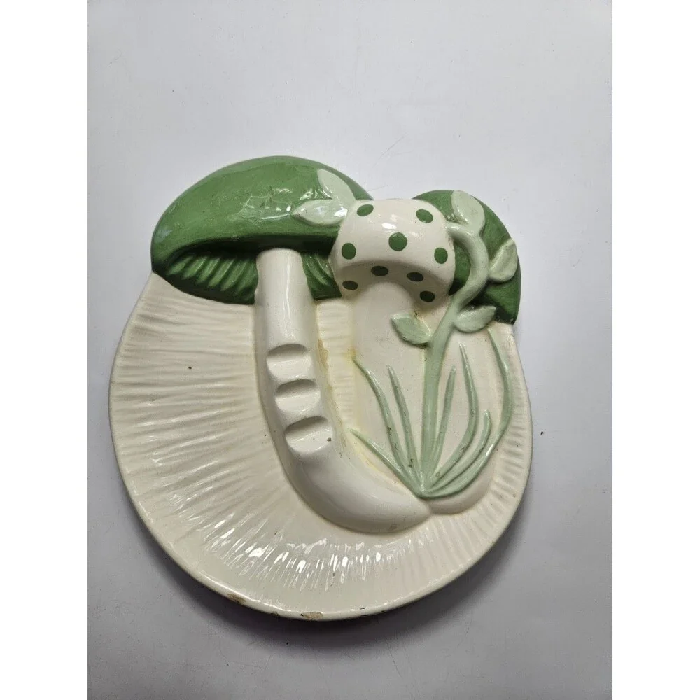 Vintage 1970 MCM Ceramic Molded Green Mushroom Fungi Ashtray Trinket Dish Tray